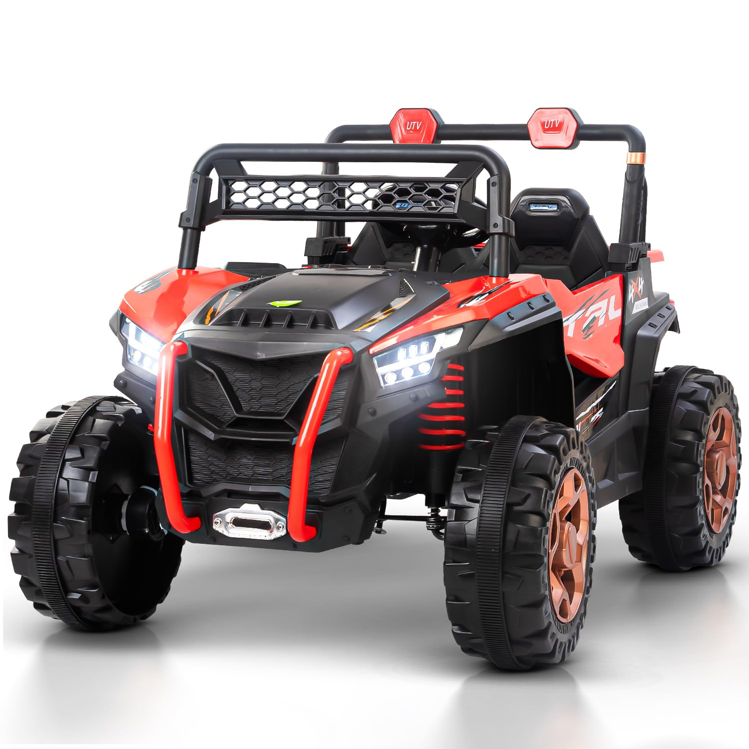 Red 12V battery powered ride-on jeep for kids, featuring bright LED lights, realistic engine sounds, and music player WWW.USMILE.TOYS